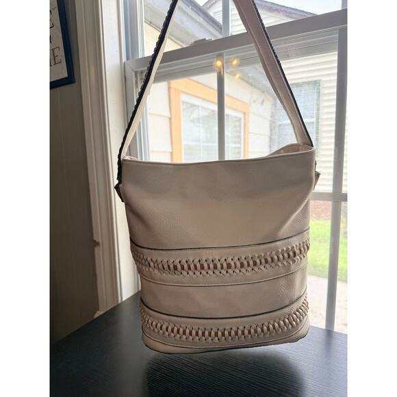 Gussaci Handbags - Gussaci Cream Faux Leather Woven Detail Hobo Shoulder Bag Boho Large Tote Zip